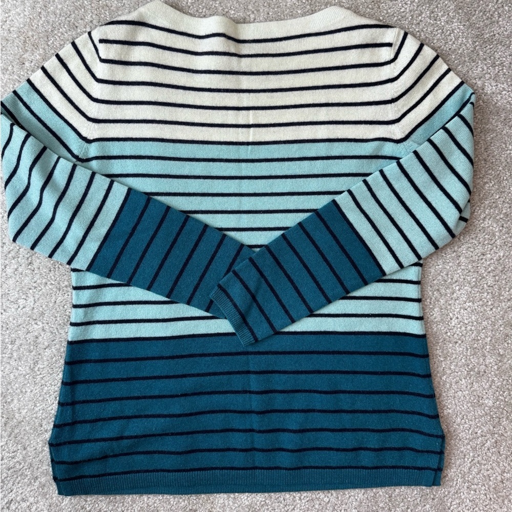 Talbots Striped 100%Cashmere Crewneck Sweater in White, Light Blue, Teal - Picture 5 of 5